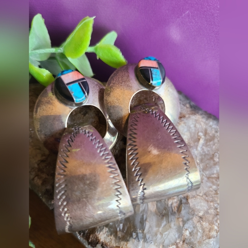 Amazing Vintage Sterling Silver Native American Inlay Large Drop Earrings